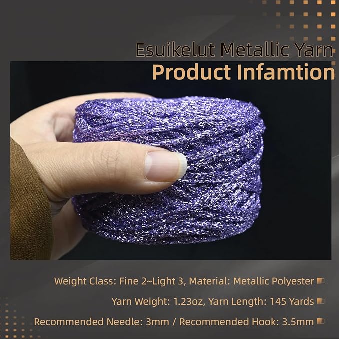 Metallic Glitter Yarn for Crochet & Knitting, Fine 2 Light Weight Worsted for Crochet Knitting, 35g 1.23oz, 145 Yards Soft Craft Sparkle Yarn (Purple)