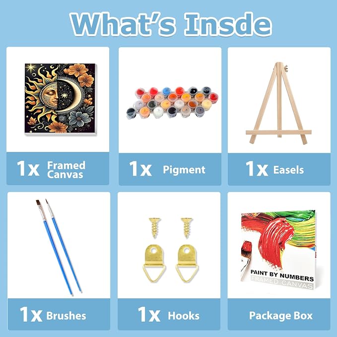 Moon Paint by Numbers Kit for Adults Beginner, Sun Paint by Numbers 10x10 | Framed Paint by Numbers Kit for Adults Beginner with Easel, Acrylic Painting by Numbers, DIY Crafts for Gifts or Home Decor