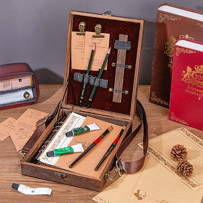 SUPERFINDINGS Writers Messenger Wood Box Tabletop Easel Box Painting Brush Tool Storage Cage Portable Storage Easel Box with Band for Outdoor Painting Drawing Sketching Writing