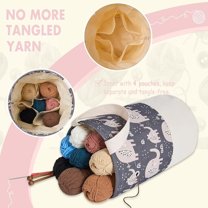 Yarn Bag, Large Crochet Bag Organizer, Drawstring Yarn Storage Knitting Bags, Portable Mini Yarn Holder for Crocheting Project, Skein Ball, Needles Accessories (Elephant Grey, Extra Large)