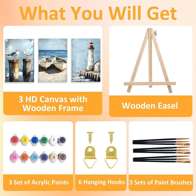 Mandun Beach Paint by Numbers Kit for Adults, 3 Pack, 7.8x11.8 inch | DIY Painting Kits Crafts for Adults, Relieve Stress, Frame Canvas, Wooden Easel, Gift Box, Home Wall Decor