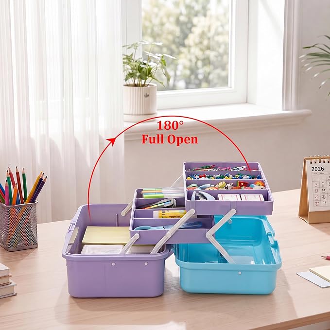 BTSKY 3-Layer Plastic Dividing Storage Box Craft Organizer and Storage | Portable Handled Art Supply Organizer with Adjustable Spacers Multipurpose Home Utility Box for Medicine Sewing(Blue+Purple)