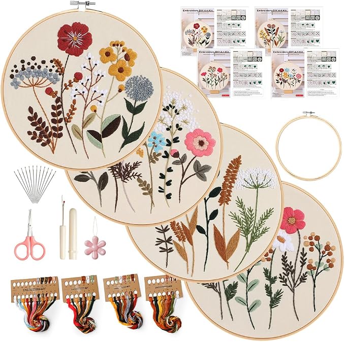 Embroidery Kit, 4 Pack Embroidery Kit for Beginners with Flower Pattern | Cross Stitch Starter Kits for Adults,Hand Embroidery Kit, Stitches Practice, Hand Craft Lover