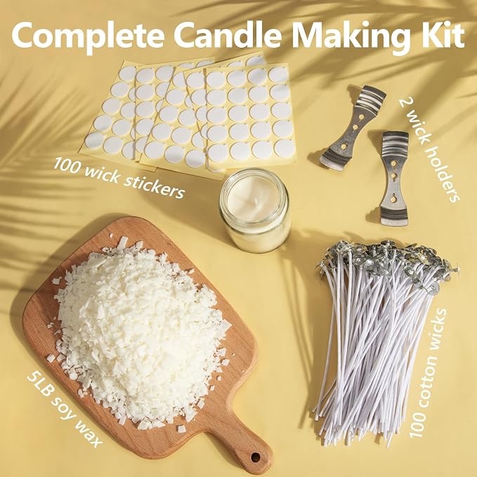 FUHITIM Soy Candle Wax for Candle Making 5 lbs Bag | Premium Natural Soy Wax Flakes, No additives and Pure, 100 Cotton Candle Wicks, 100 Wick Stickers, & 2 Centering Devices