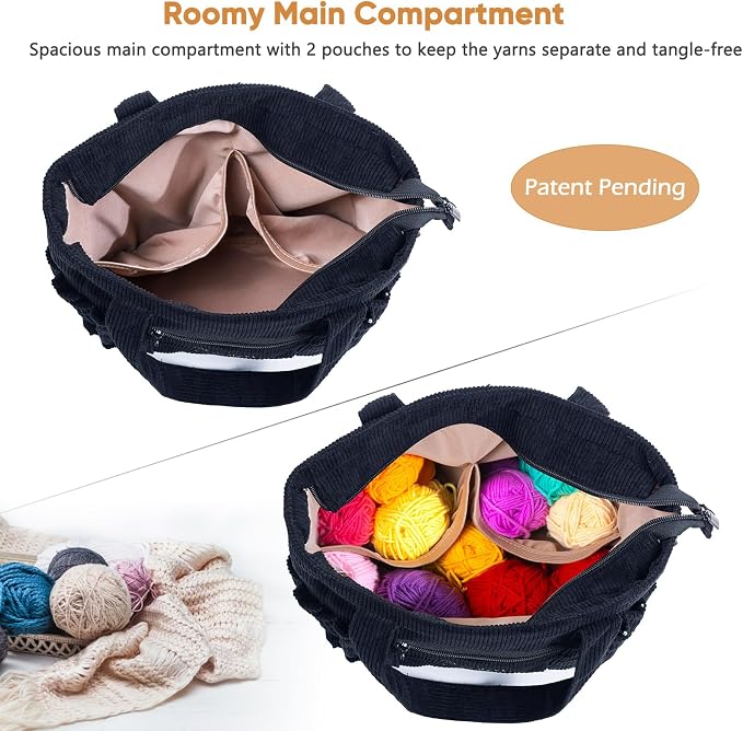 MYBAGZING Crochet Bag and Tote - Corduroy Yarn Bag - Yarn Holder for Crocheting - Crochet Storage Bag for Crochet Hooks, Crochet Accessories, Knitting Bag for Crochet Lovers, Mom Gift
