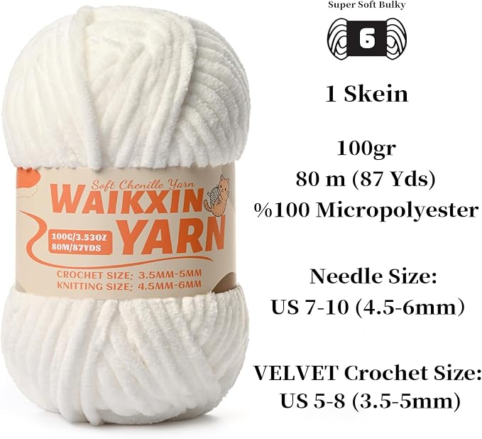 （3 Snow White） 3 Pack Super Soft Fuzzy Chenille Chunky Yarn for Crocheting, 300g (261yds) Velvet Fluffy Amigurumi Yarn for Hand Knitting Baby Blankets Weaving Craft