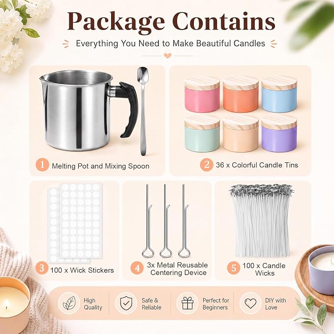 Honeydak Fall Candle Making Supplies DIY Craft Tools for Adults Beginners | 4oz Metal Candle Tins with Lids Bulk, 44oz Stainless Candle Pouring Pitcher with Spoon, Candles Wicks, Stickers, Wicks Holder