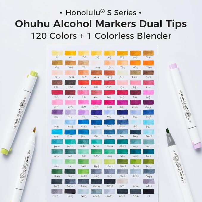 Ohuhu Alcohol Markers 120 Colors Brush& Soft Chisel for Adult Cozy Coloring | AP Certified Refillable Alcohol-based Ink, Drawing Markers for Artists Beginners Coloring Illustration Sketching, Honolulu 2S