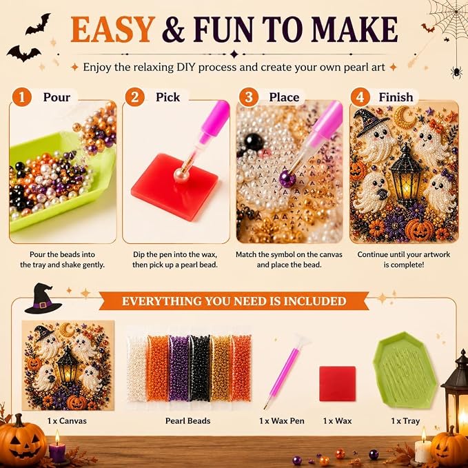 Halloween Pearl Art Kit, Cute Ghost 3D Diamond Art DIY Craft Kit with Resin Pearls, Spooky Cute 3D Diamond-Painting Crafts for Adults, Fall Home Decor Wall Art, Beginner DIY Seasonal Party Gift (#A)