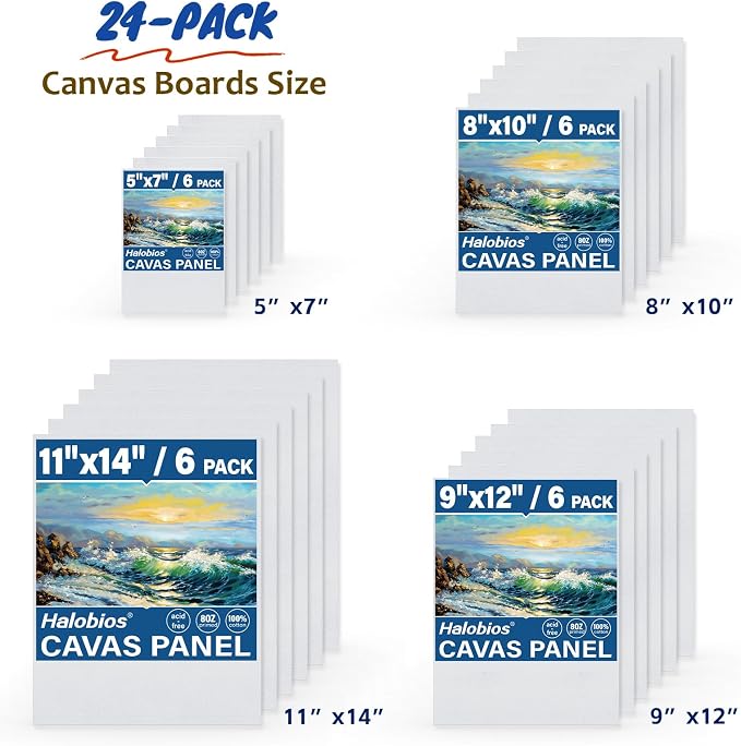 Halobios 24-Pack Canvas Boards for Painting, 6 of 5x7 8x10 9x12 11x14 Canvas Panels for Kid & Adults 100% Cotton Gesso Primed Art Painting Supplies for Acrylic, Oil, Tempera & Watercolor