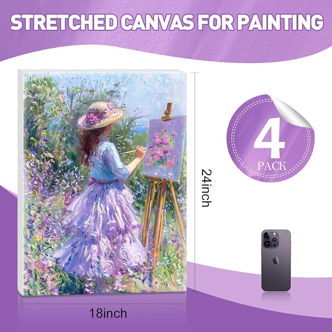 FUMILE Canvas for Painting 18x24, 4 Pack Large Stretched Canvas for Painting-5/8 in Profile Primed White Blank Painting Canvas Value Pack for Oil & Acrylic Paint