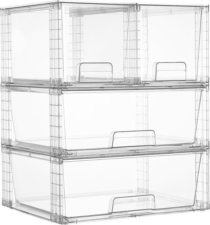 Vtopmart Clear Stackable Storage Drawers, 4 Pack Wide Organizer Set