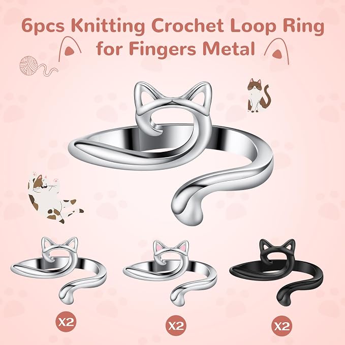 DTOFOOT 6Pcs Knitting Crochet Tension Rings for Fingers with Box | Metal Open Crochet Ring, Adjusts for Finger Tension, Speeds Up Braided Knitting Work, Ideal Gifts for Mom Grandma Crocheters