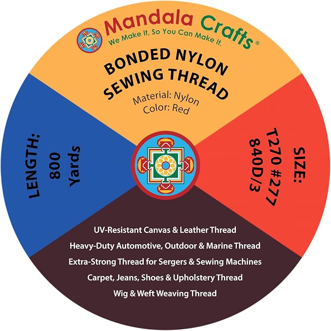 Mandala Crafts Size 277 840D T270 Red Bonded Nylon Thread, 800 YDs