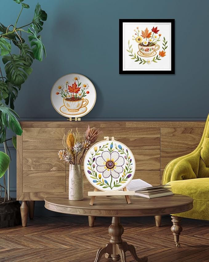 TINDTOP Embroidery Kit for Adult, 3 Pack Embroidery DIY Starter Kit, with Stamped Patterns, Hoop, Tools, Colorful Threads with Needles, Instructions (Flower Cup) | with Stamped Patterns, Hoop, Tools, Colorful Threads with Needles, Instructions (Flower ...