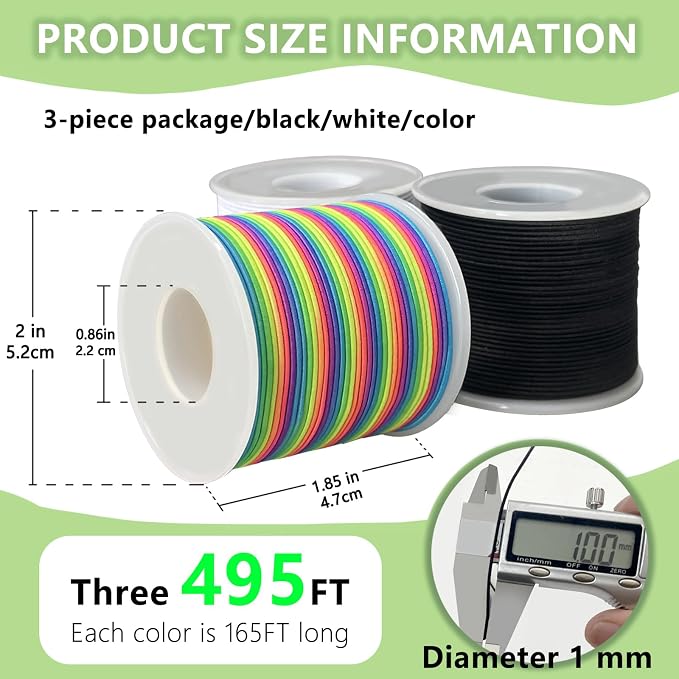 1.0mm Elastic Bracelet String Cord, Crystal Stretch Bead Cord for Bracelets Jewelry Making, Clear Stretchy Elastic String for Beading, Transparent Thread (1.0MM(Rainbow/Black/White)/495ft)