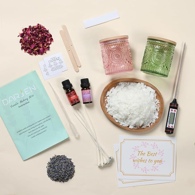 DARJEN Candle Making Kit for Beginners, 2 Jars Soy Wax Scented DIY Set | 100% Soy Wax, 10oz Glass Jars, Natural Cotton Wicks, Pleasant Scents, Instruction& More- Perfect as Home Decorations