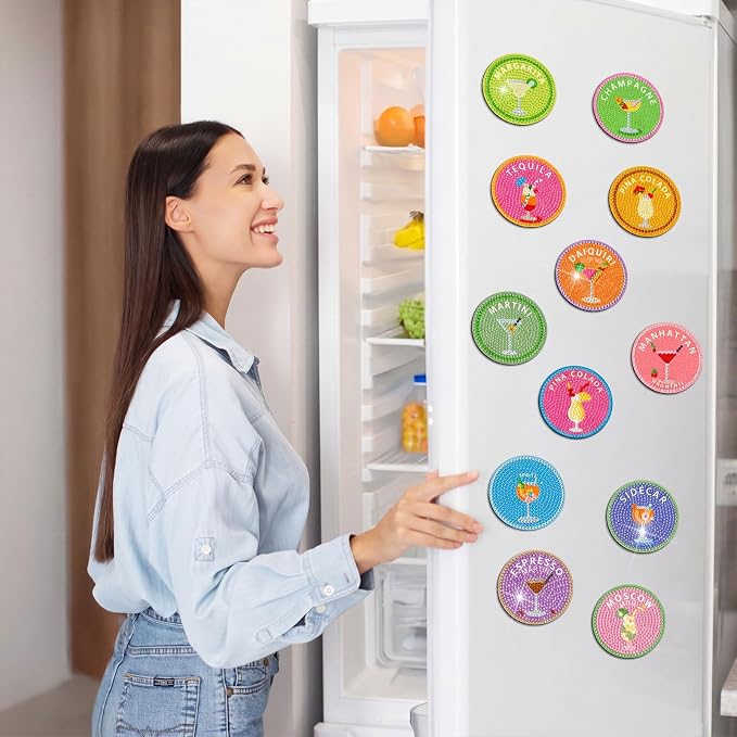 Zonon 12 Pcs Diamond Painting Magnets Cocktail Themed Round Fridge Stickers | Colorful Drink Theme for Kitchen Office Locker, Art Craft for Adults, Adhesive Round Stickers, Summer Party Home Decor