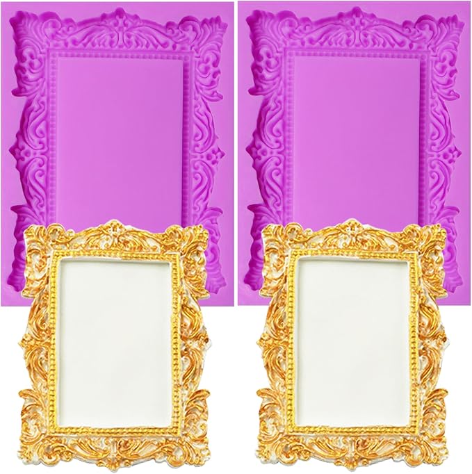 Baroque Photo Frame Fondant Silicone Molds, 3D Picture Mirror Frame Cake Decoration Molds for Chocolate Candy Sugar Craft Gum Paste Cookies Resin Clay Set of 2