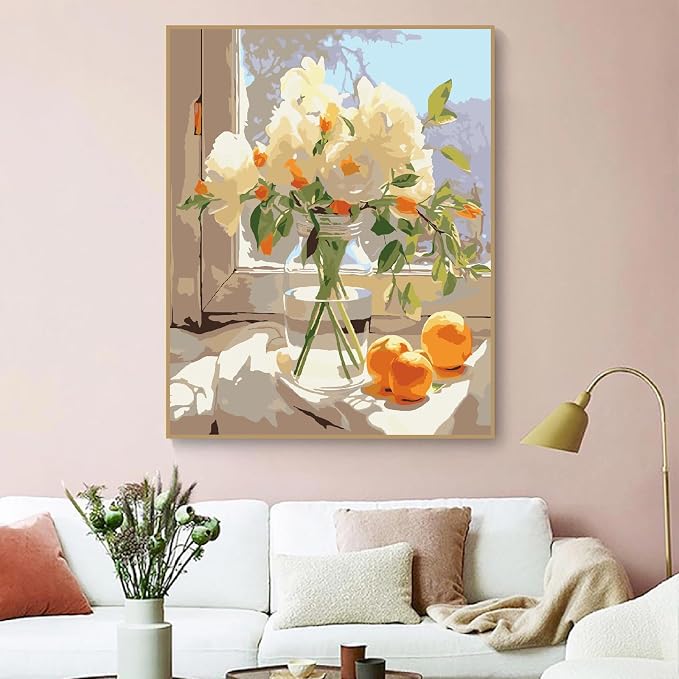 ZRIZQ Paint by Numbers Kit for Adults Beginner,White Flowers,16x20
