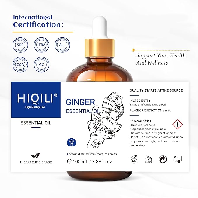 HIQILI Ginger Essential Oil 3.38 Fl Oz, for Massage, Diffuser, Large Bottle with Dropper & Gift Box -100ml
