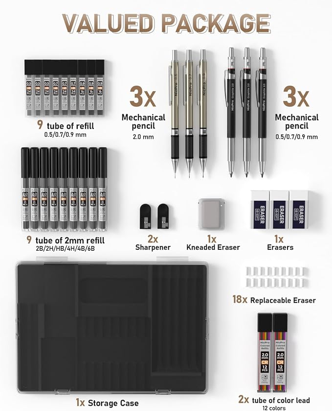 Nicpro 35PCS Art Mechanical Pencil Set, 3 PCS Metal Drafting Pencil | 0.5 & 0.7 & 0.9mm & 3 PCS 2mm Lead Holder (6B 4B 2B HB 2H 4H Colors) For Sketching Drawing With 20 Tube Lead Refills Case