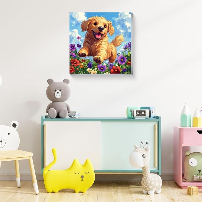 Dog Paint by Numbers Kit for Kids with Frame - Cute Dog Paint by Number for Kids, Kid Painting by Number Kits Age 8-12 for Home Wall Decor 8X8inch (with Wooden Easel)