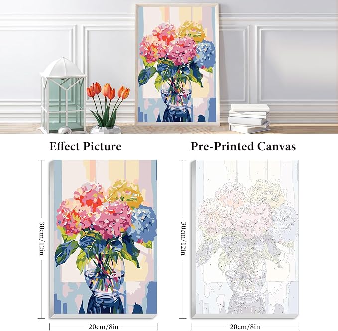 Framed Paint by Numbers Kit for Adults Beginner & Kids Ages 8-12, Hydrangea in Glass Vase Window Paint by Number with Frame, Easy Acrylic Colorful Flowers Painting by Numbers Kit on Canvas 8x12 inch