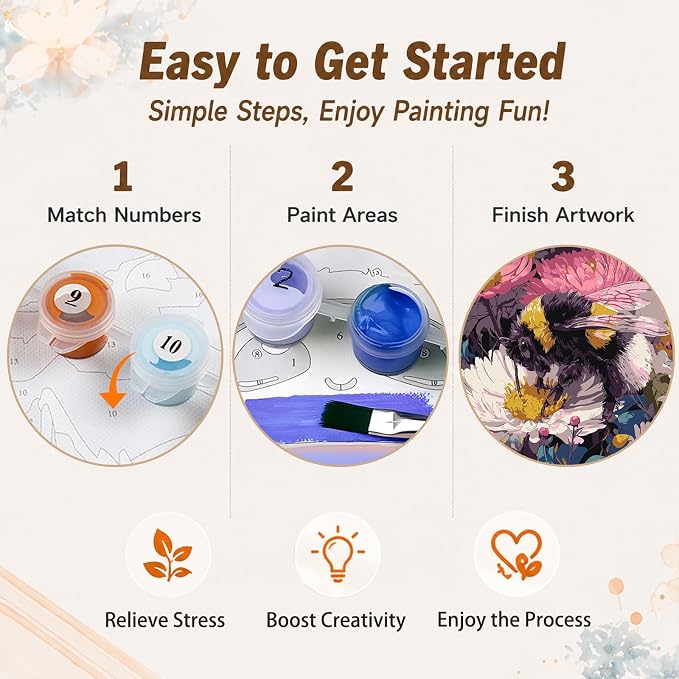 AUKELHJ Framed Paint by Numbers Kit for Adults, Bee, 10x10 inch