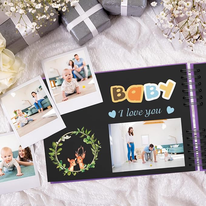 EVNEED Scrapbook Photo Album DIY Scrap Book Black Pages for Wedding Guest Book Anniversary Valentines Day Gifts with 15 Marker Paint Pens,80 Pages,Purple (40 Sheets)