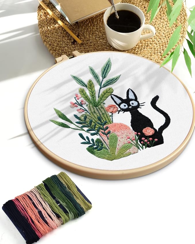 TINDTOP Embroidery Kit for Beginners Adult, Cat Embroidery Kit | Include Embroidery Cloth Hoops Threads for Craft Lover Hand Stitch with Embroidery Skill Techniques