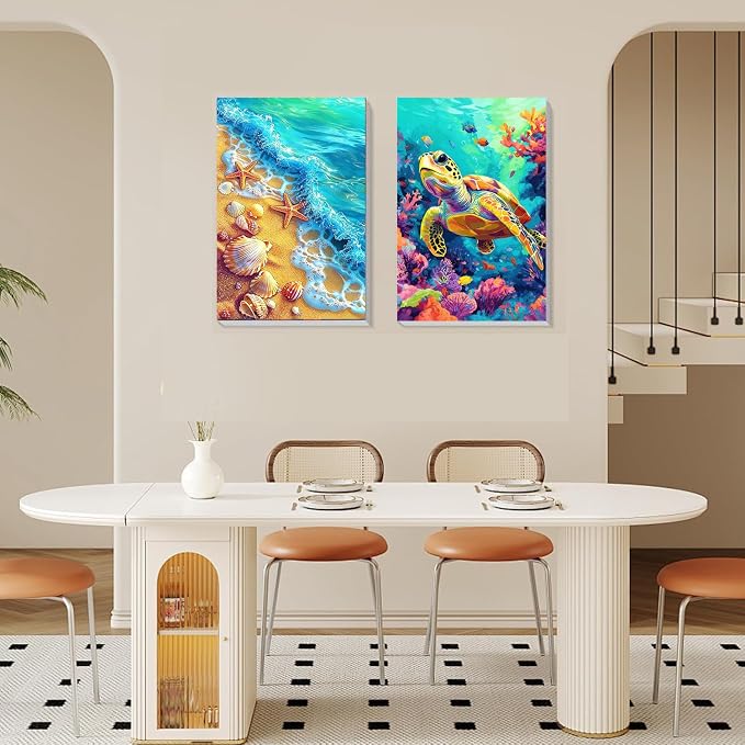 2 Pack Sea Turtle Framed Paint by Numbers Kit for Adults Beginner 8x12 inch | Beach Adult Paint by Number Kits on Canvas with Wooden Easel, Easy Acrylic Oil Painting Kits for Adults for Gift Home Decor