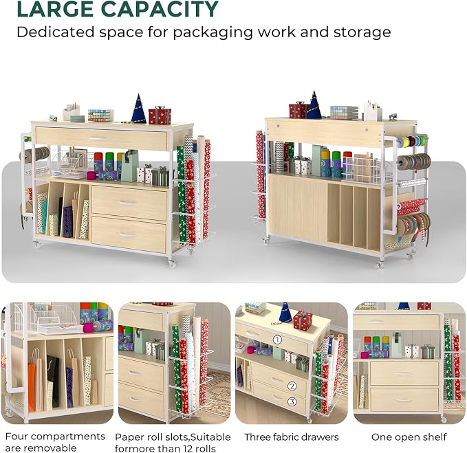Wrapping Paper Storage & Organizer, Craft Cart with Ribbon & Gift Bag Storage, Wrapping Paper Organizer Holder(3 Wooden Drawers- Oak)