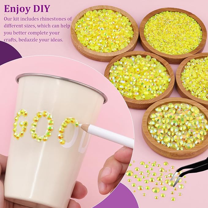 Resin Jelly Rhinestones for Crafting with B7000 Jewelry Glue, 1 Box Lemon Yellow AB Flatback Crystal with 3Pcs 10ml Glue, Bedazzling Non Hotfix Gems for DIY Tumblers Clothing Shoes Manicure