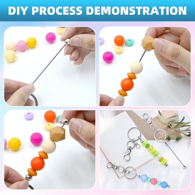 40 Pcs Beadable Keychains Bulk Kit – DIY Keychain Making Supplies with Metal Blanks for Crafts, Jewelry, Charms, Custom Projects – Blank Chain Bars for Beaded Keychain Design (Silver)
