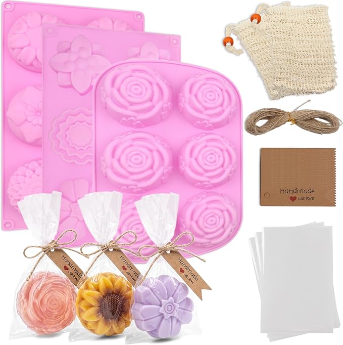 102 Pcs Soap Making Mold Kit - 3 Different Flower Silicone Molds, 48 Bags, 48 Gift Tags, 65ft Jute Twine, 2 Sisal Foaming Soap Bag Pouch for Handmade Craft Soaps, Baking & Ice Cube Trays, DIY Candle