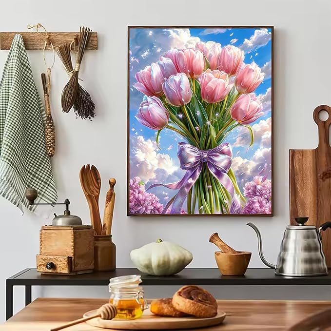 Accompany Wind Pink Tulips Diamond Art Kits for Adults, 5D Flowers Diamond Painting Kits for Beginners,DIY Round Full Drill Diamonds Gem Art Crafts for Home Wall Decor Gifts 12x16 Inch