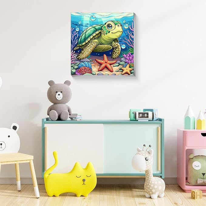 ajepon Sea Turtle Paint by Numbers Kit for Kids with Frame - Cute Tortoise Paint by Number for Kids, Kid Painting by Number Kits Age 8-12 for Home Wall Decor 8X8inch (with Wooden Easel)
