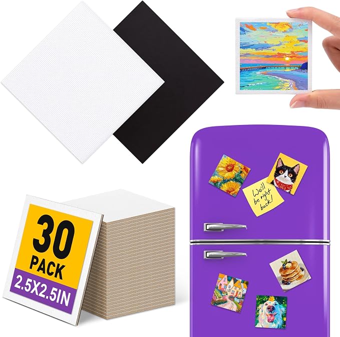 30Pack 2.5x2.5IN Square Mini Canvas Magnets, Small Magnetic Paint Canvas | Non-toxic, Ideal for Acrylic, Watercolor, Oil Painting, DIY Magnet Kit, Refrigerator Decor