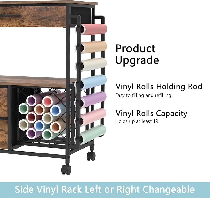 VENNQD Storage Cart Compatible with Cricut Machines Stand Cutting Machine Stand with Drawers and Vinyl Roll Holder Rolling Craft Cabinet Table for Cricut Craft Workstation (Rustic Brown)