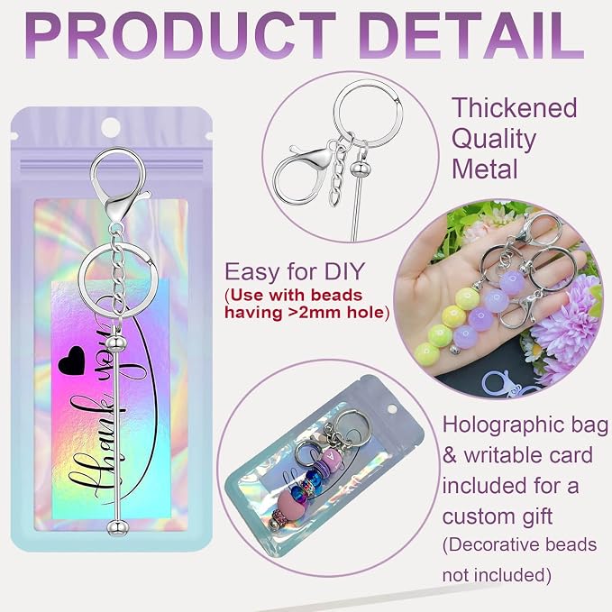 42/84/126 Pcs Beadable Keychain Bars Bulk Blank DIY Beaded Keychain Making Supplies with Bag Thank You Card