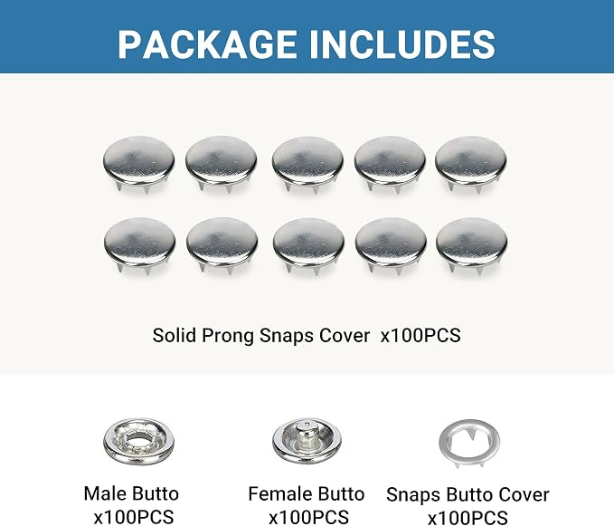 100 Sets Metal Snap Buttons, Sterling Silver Solid Sewing Snaps for Fabric, Prong Snap Button Kits for DIY Crafting Clothing Sewing (9.5mm / 400 PCS)