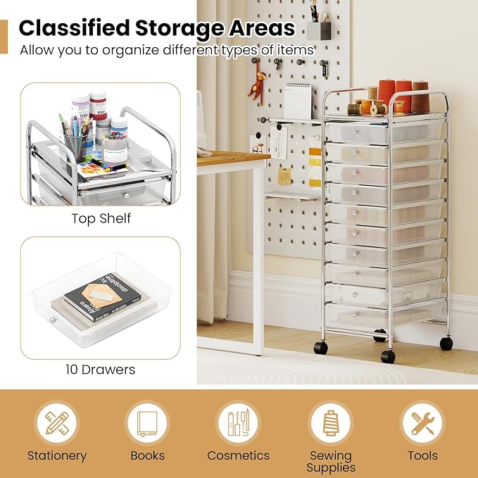 Giantex Rolling Storage Cart with 10 Drawers, Utility Cart with Tabletop, Drawer Organizer with Wheels for Craft Art Paper Tool, Mobile Organization & Sorting for Office Home School School Supplies