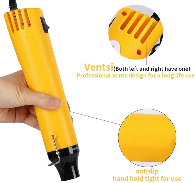 Heat Gun 300W, Handed Hot Air Gun for Crafting and DIY (Yellow) | 3.28FT Ultra-Long Cable Portable Heat Gun with Stand and Power Cord for Shrinking Wrapping PVC and Drying Paint