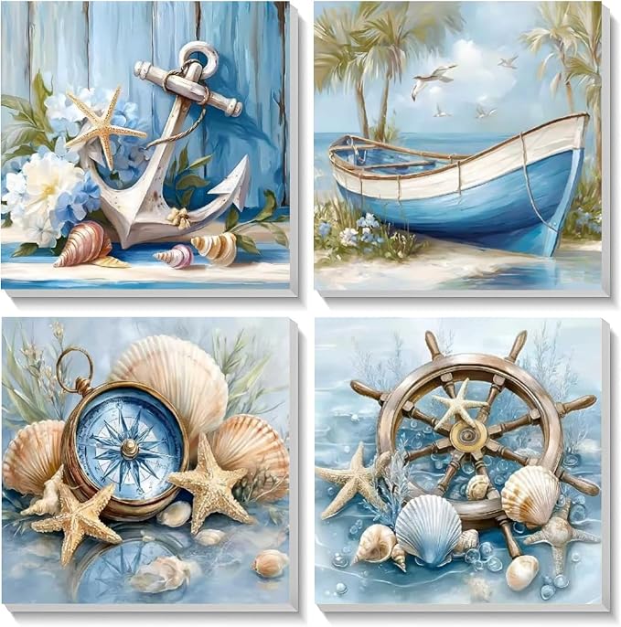 AUKELHJ 4 Pack Framed Paint by Numbers Kit for Adults, Beach, 8x8 inch