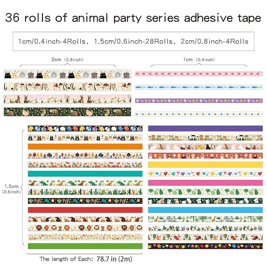 icceemee 36 Rolls Animal Theme Washi Tape Set, Colorful Cute Adorable Animals Writable Decorative Tapes for Scrapbooking, Junk Journal Supplies, Bullet Journaling, 0.6"x79" per Roll