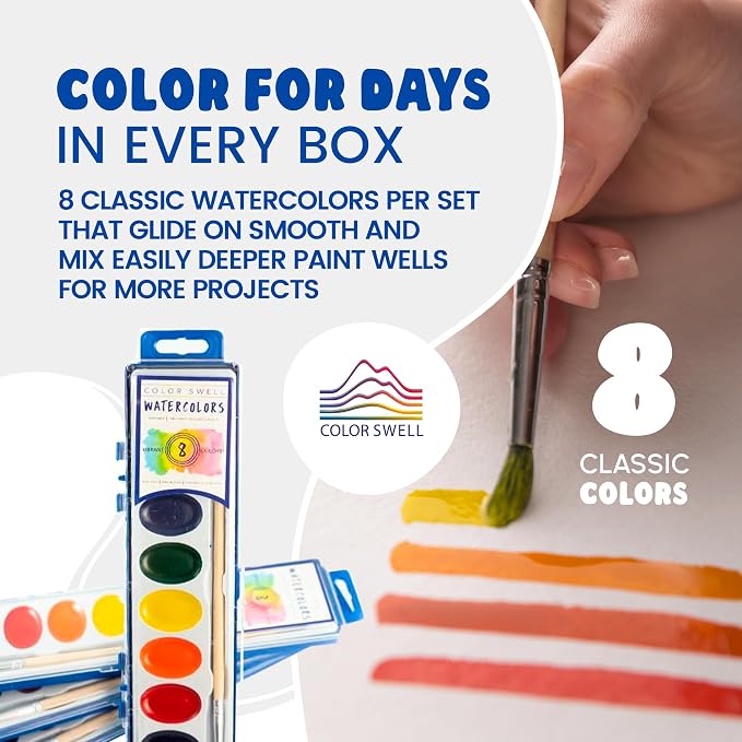 Color Swell 8 Color Bulk Watercolors with Wood Brushes, 36 Pack