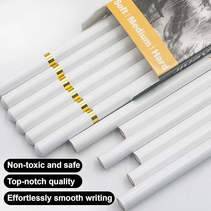Aeni White Chalk Pencil, Pack of 12, Charcoal Pencils for Drawing | Art Supplies for Highlighting, Portraits, Landscapes, Sketching, Blending, Artist Supplies for Beginners & Pro Artists