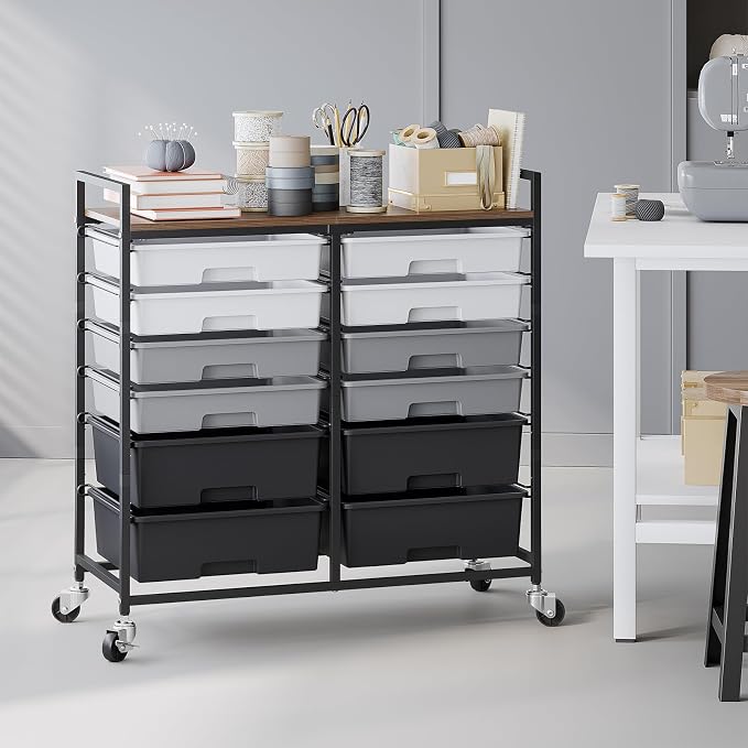 TOOLF 12 Drawers Rolling Storage Cart with Wooden Top for Classroom,Grey | Teacher Cart Craft Art Supply Organizer, Utility Cart with Lockable Wheels for Home Household Essentials, Office Organization