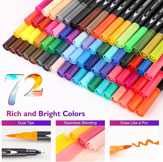 72-Color Dual Tip Markers, Fine & Brush Pens for adult coloring & lettering | 0.4mm Fineliner Pens, water-based non-toxic ink, carry bag, Note-Taking, Calligraphy, Journaling, Sketching and Lettering